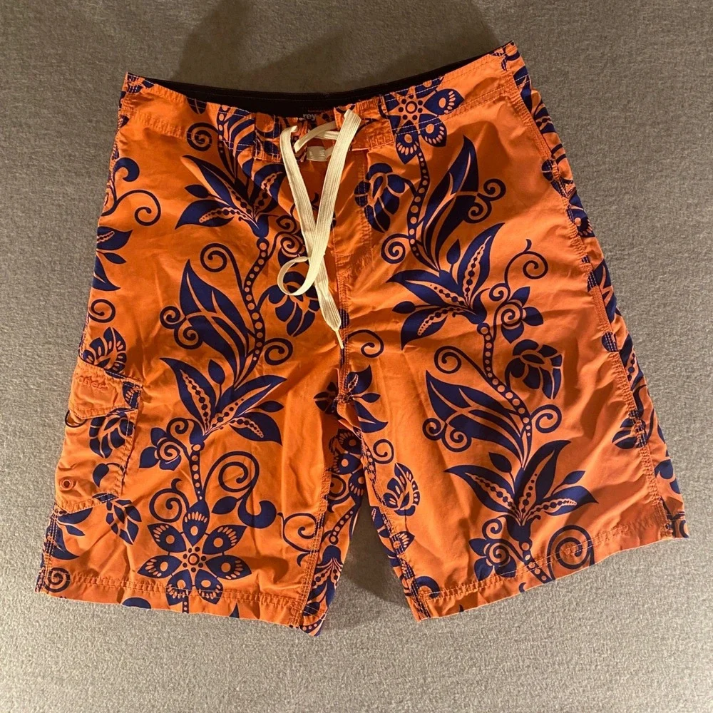 Reyn Spooner Mens Swim Trunks Orange Navy Floral Tropical Board Shorts Size 34